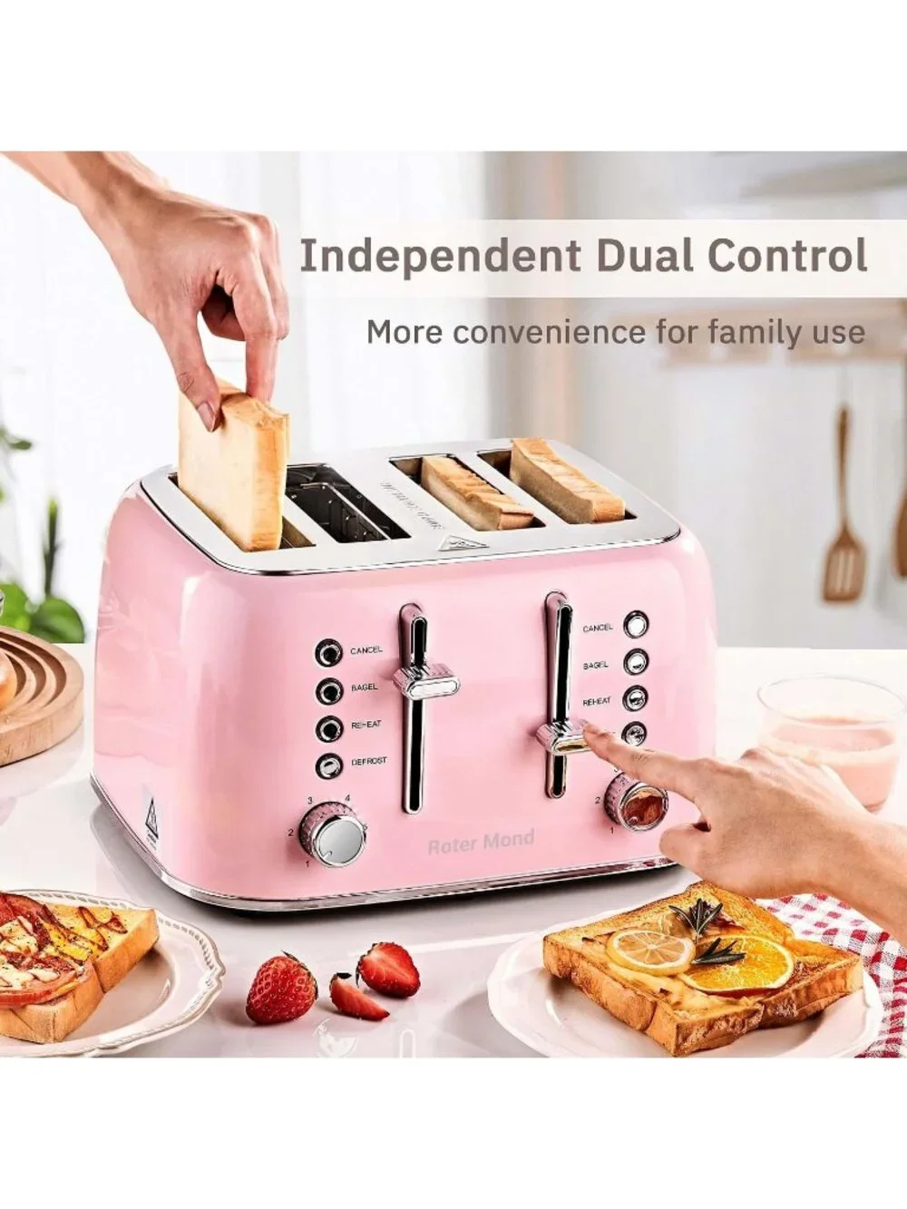 4 Slice Pink Retro Stainless Steel with Extra Wide Slots Bagel Defrost Toaster